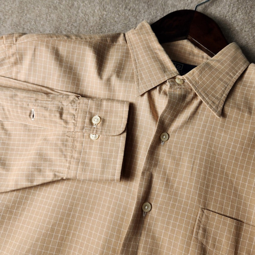 Polo Ralph Lauren Button Down Mens XL Tan Excellent Windowpane Check Long Sleeve